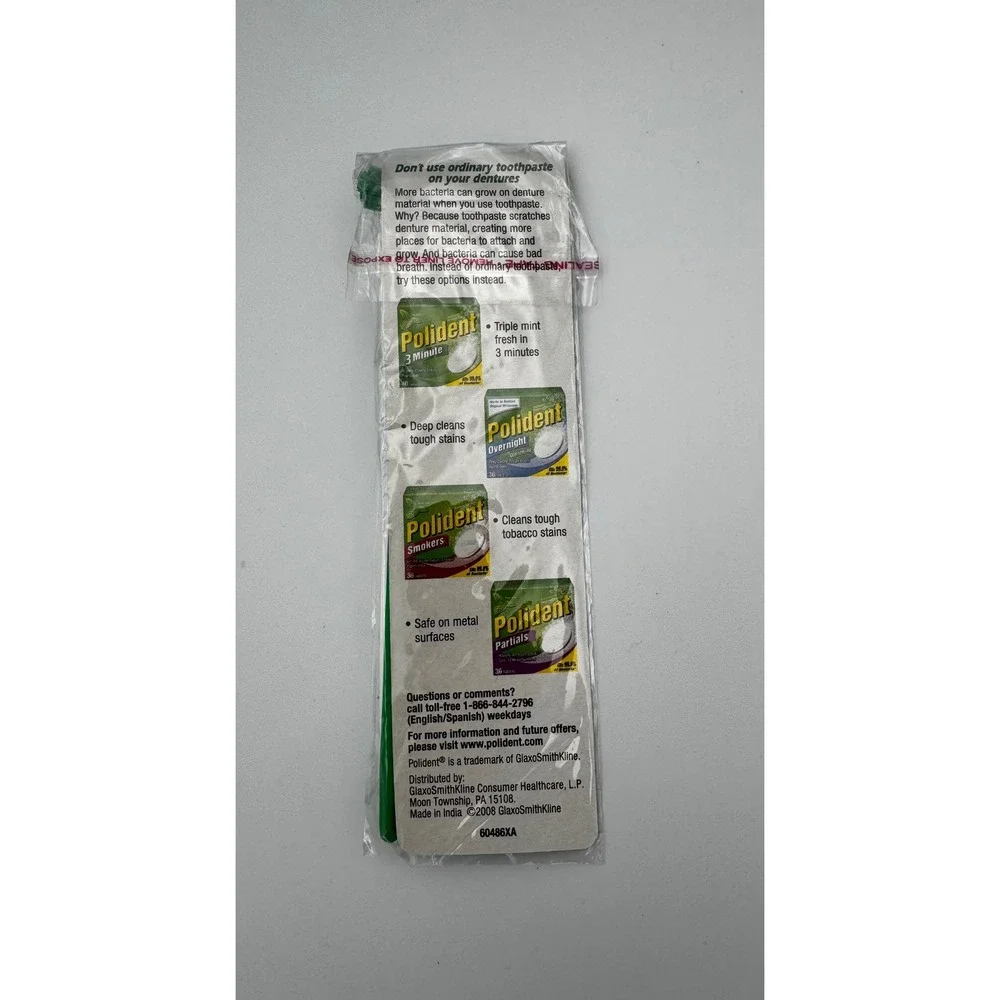 Polident Denture Brush Green & White Dual Head Firm Bristles DISCONTINUED New